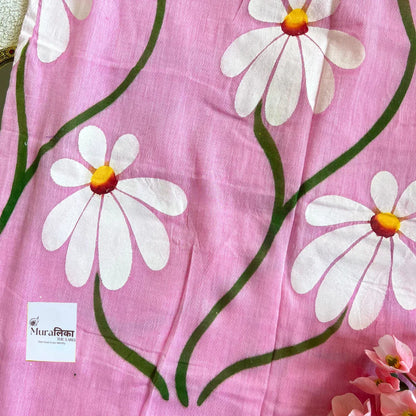 Pink Handpainted Mulmul Cotton Saree - Muralika the label