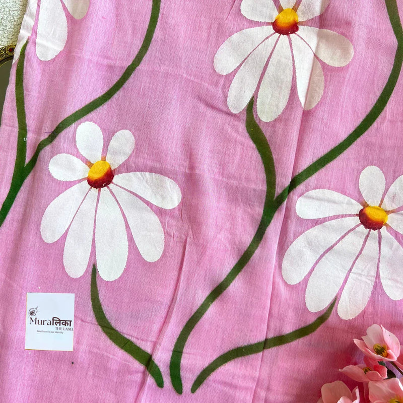 Pink Handpainted Mulmul Cotton Saree - Muralika the label