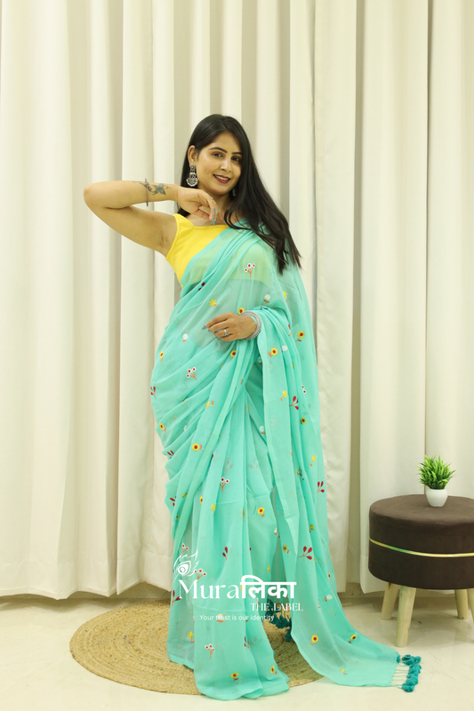 Phoolwari Green Embroireded Mulmul Cotton Saree