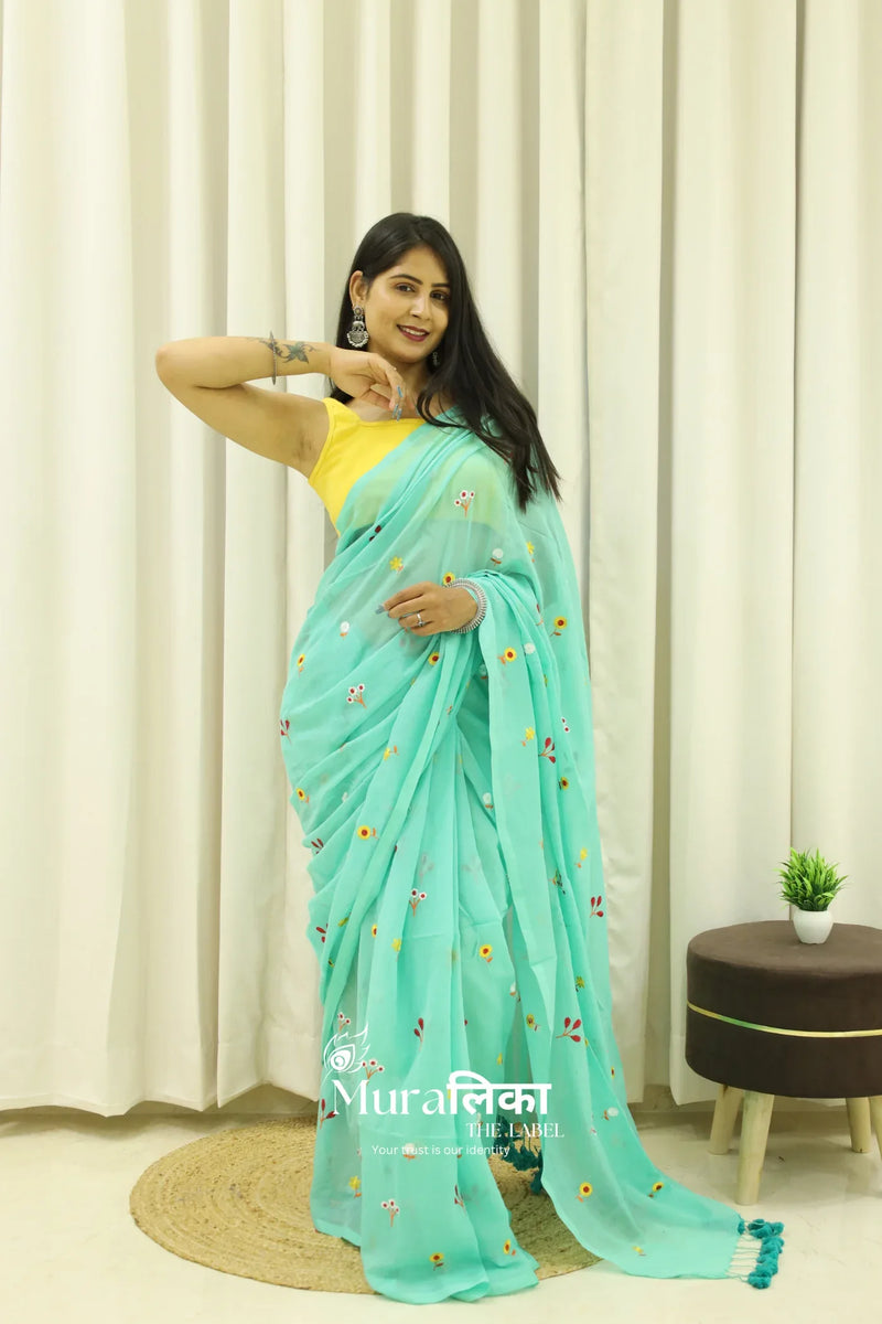 Phoolwari Green Embroireded Mulmul Cotton Saree