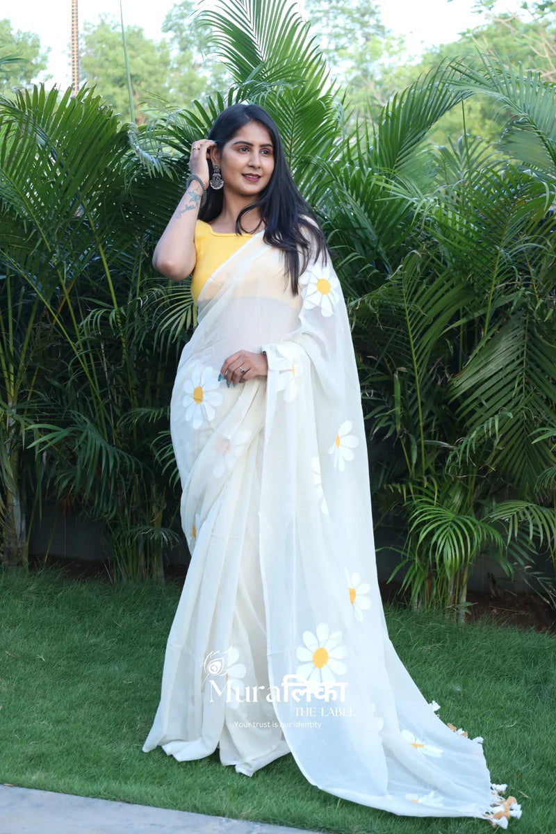 Daisy Dream Ivory Handpainted Mulmul Cotton Saree