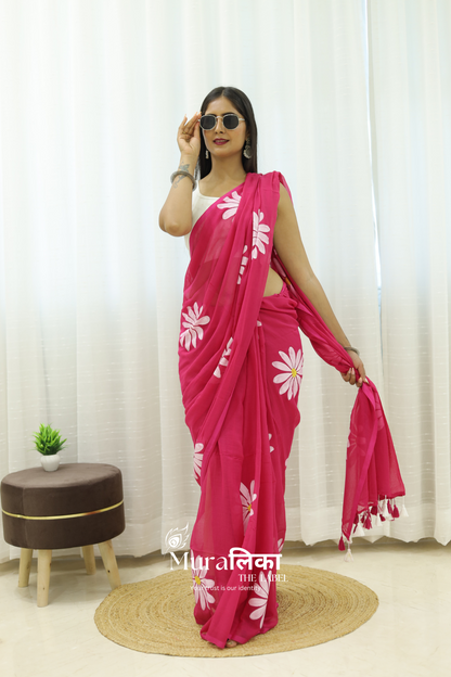 Daisy Dream Hot Pink Handpainted Mulmul Cotton Saree