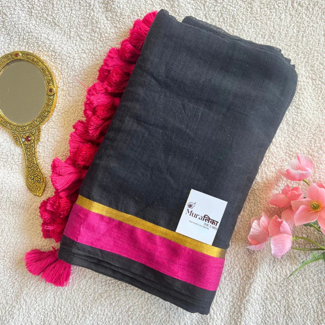 Black and Pink Rose Mulmul Cotton Saree - Muralika the label