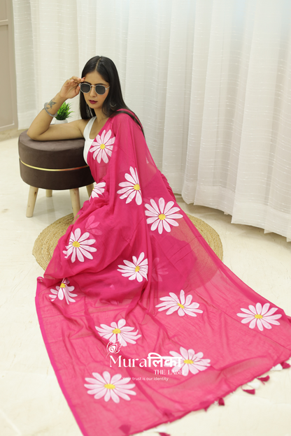 Daisy Dream Hot Pink Handpainted Mulmul Cotton Saree