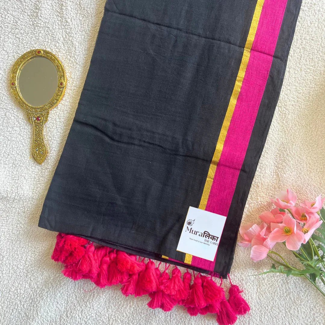 Black and Pink Rose Mulmul Cotton Saree - Muralika the label