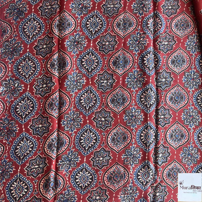 Ajrakh hand block printed modal silk saree by Muralika the label, showcasing intricate geometric patterns and vibrant colors.