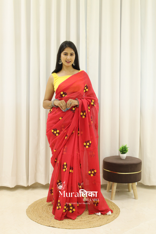 Phool Red Embroireded Mulmul Cotton Saree