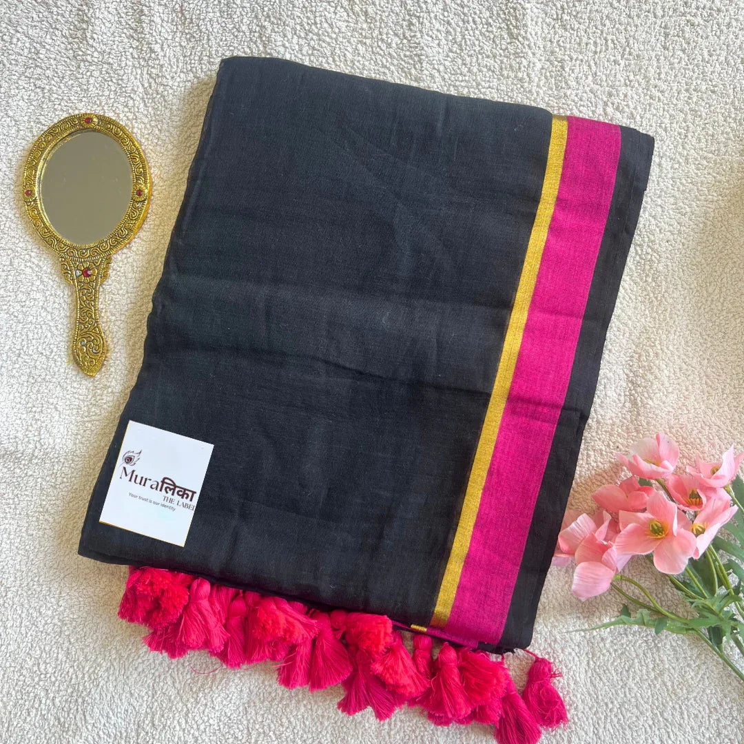 Black and Pink Rose Mulmul Cotton Saree - Muralika the label