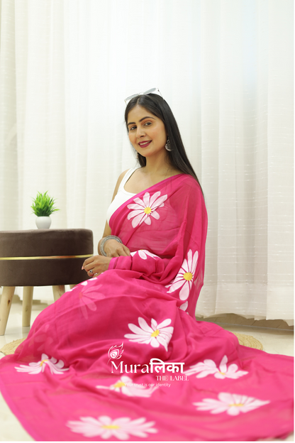 Daisy Dream Hot Pink Handpainted Mulmul Cotton Saree