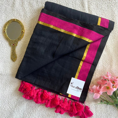 Black and Pink Rose Mulmul Cotton Saree - Muralika the label