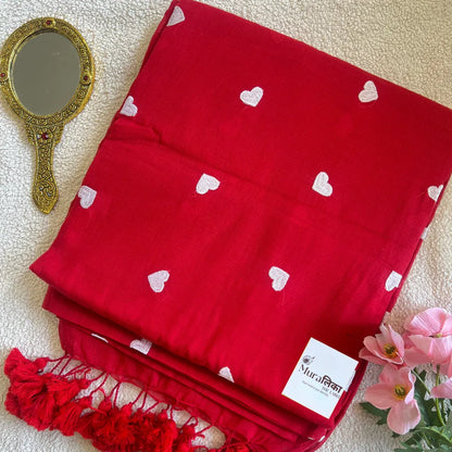 Ishq Red heart Embroidered Mulmul Cotton Saree - Muralika the label