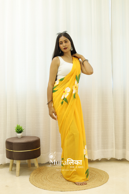 Gulmohar Yellow Handpainted Mulmul cotton Saree
