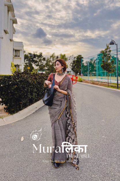 Chex Black and White Ajrakh Hand Block Printed Modal Silk Saree — close-up of the print and border