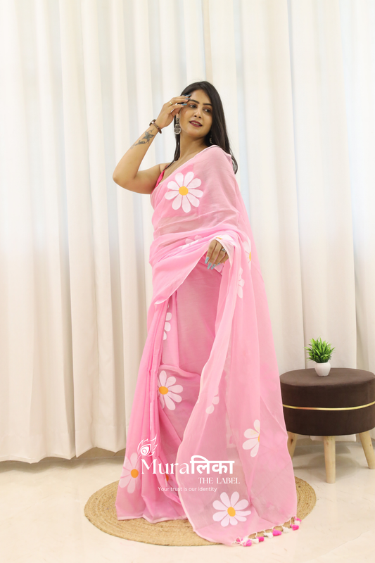 Daisy Dream Light Pink Handpainted Mulmul Cotton Saree