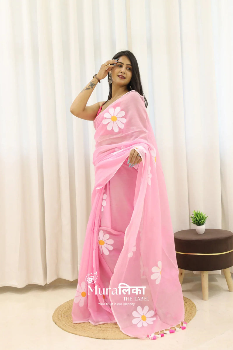 Daisy Dream Light Pink Handpainted Mulmul Cotton Saree - Muralika the label
