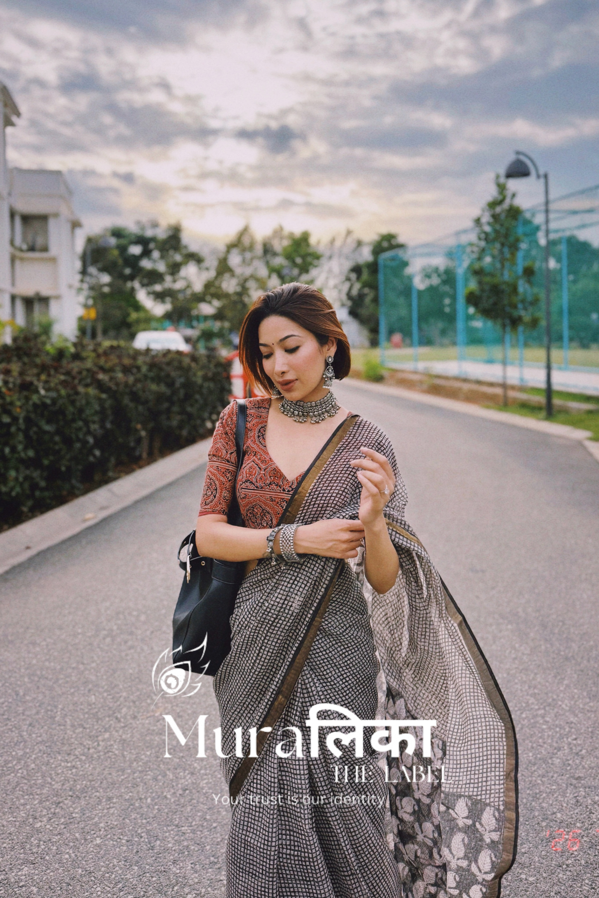 Chex Black and White Ajrakh Hand Block Printed Modal Silk Saree — styled with the matching blouse