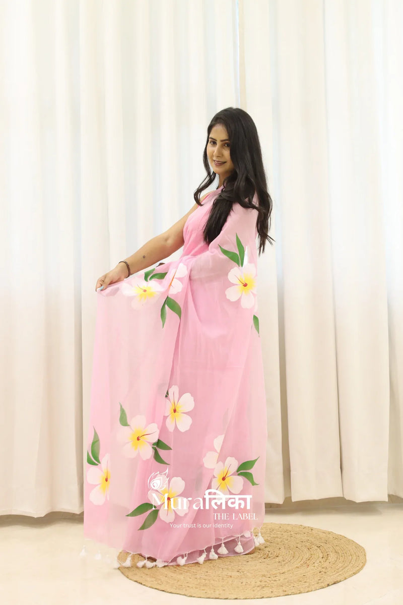 Gulmohar Baby Pink Handpainted Mulmul cotton Saree - Muralika the label