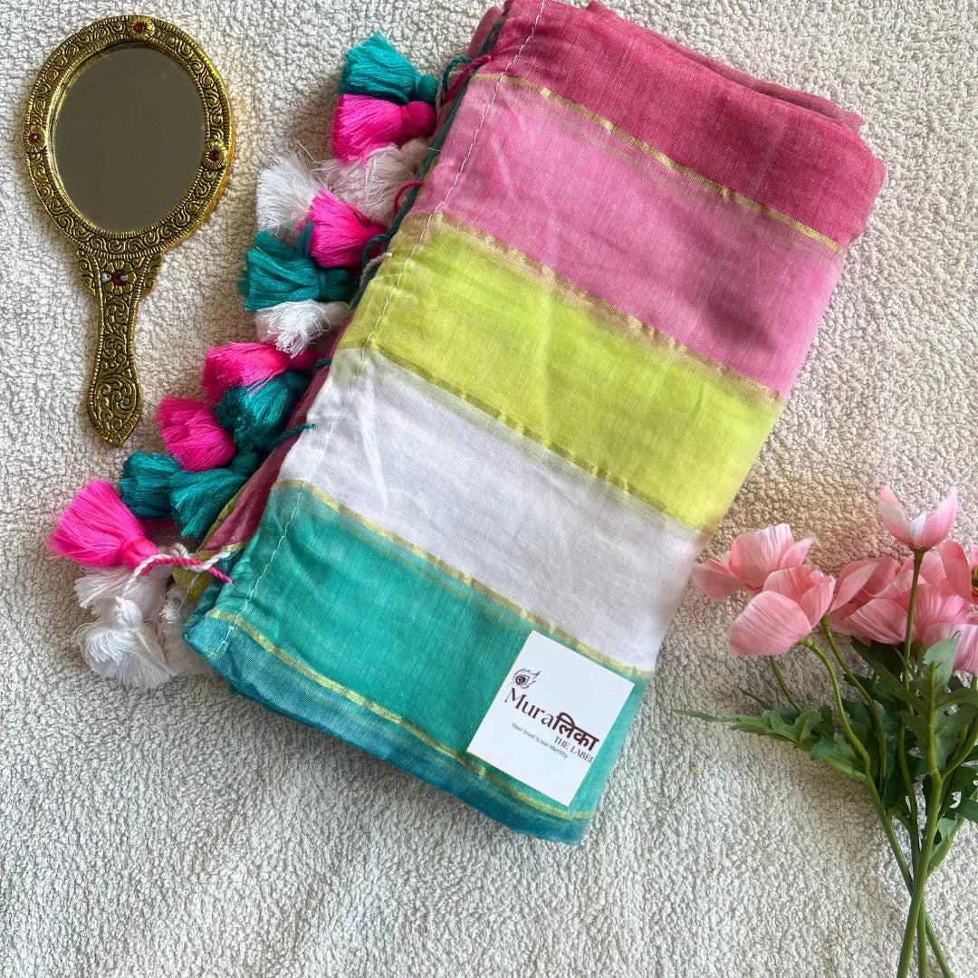 Rainbow Mulmul Cotton Saree - Muralika the label