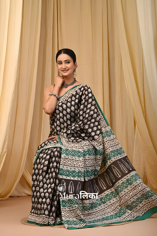 Black Butti Block Print Pure Cotton Saree