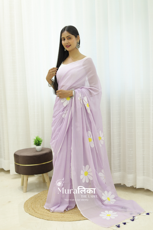 Daisy Dream Lilac Handpainted Mulmul Cotton Saree
