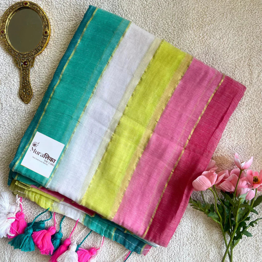 Rainbow Mulmul Cotton Saree - Muralika the label