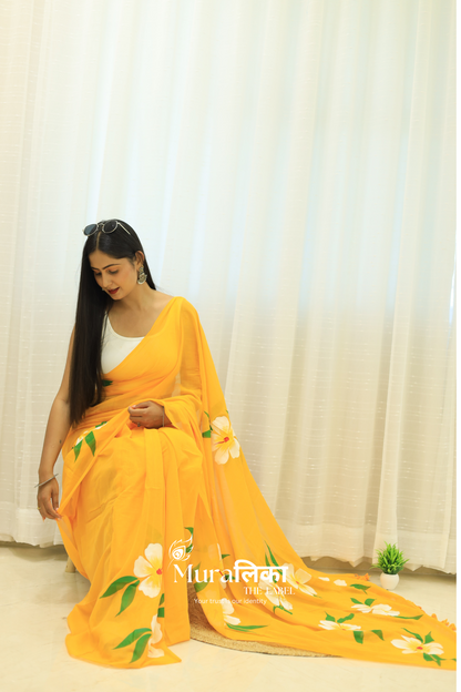 Gulmohar Yellow Handpainted Mulmul cotton Saree