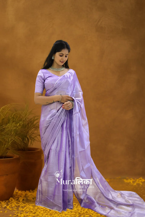Muralika Handloom Tissue Saree — worn and draped, front view