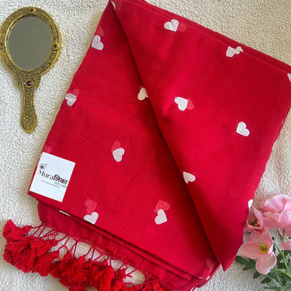 Ishq Red heart Embroidered Mulmul Cotton Saree - Muralika the label