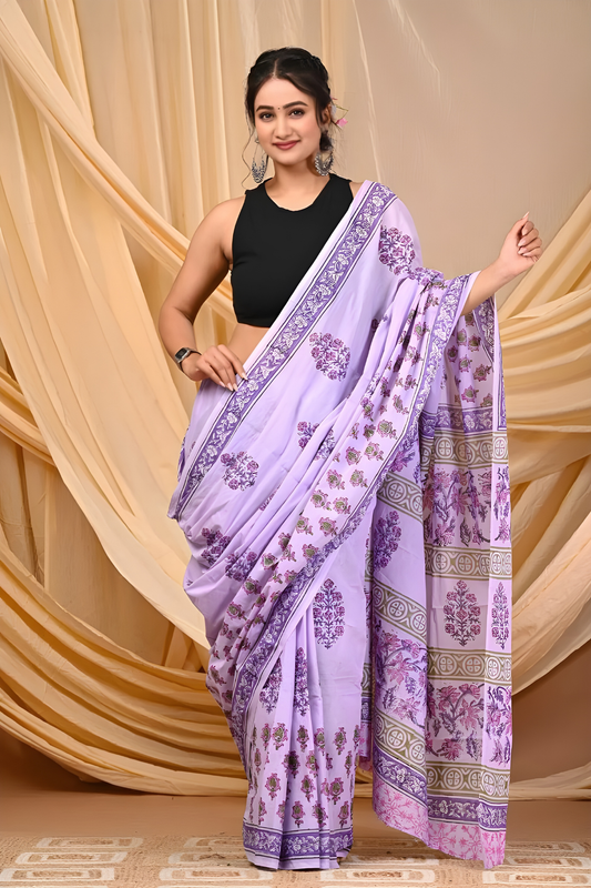 Lilac Block Print Pure Cotton Saree