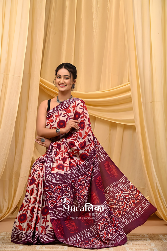 Red Flower Block Print Pure Cotton Saree