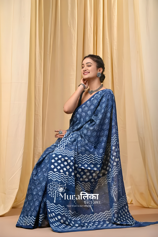 Indigo Blue Dabu Block Print Pure Cotton Saree