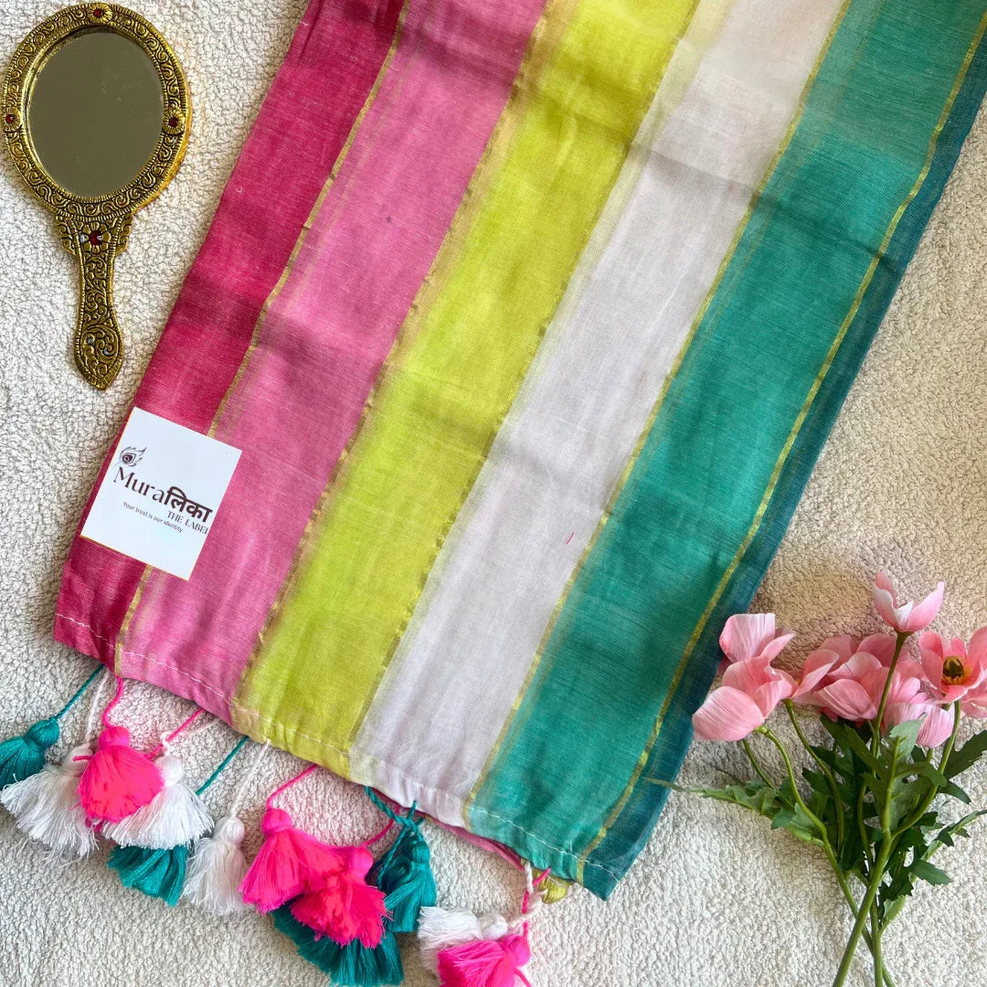 Rainbow Mulmul Cotton Saree - Muralika the label