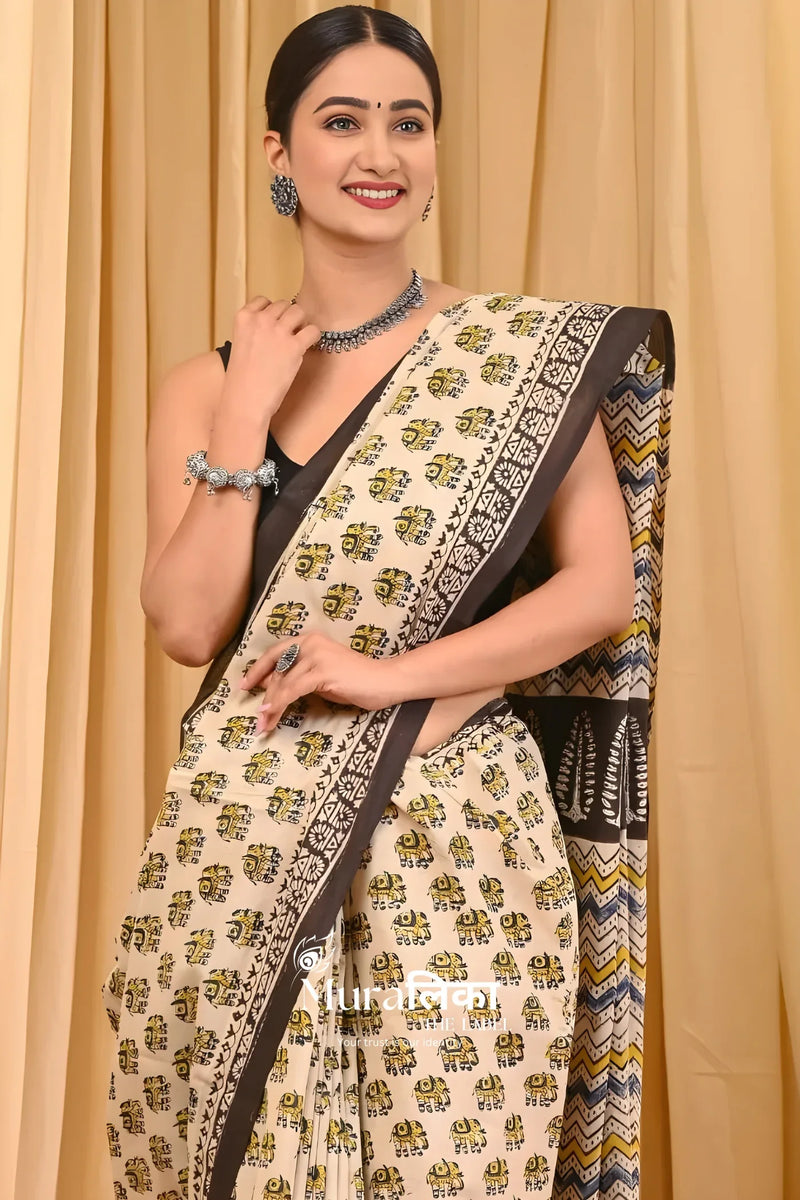 Elephant Block Print Pure Cotton Saree