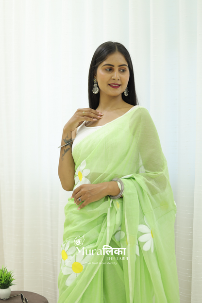Daisy Dream Light Green Handpainted Mulmul Cotton Saree