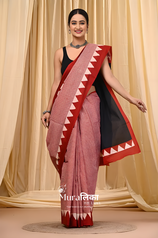 Red Striped Block Print Pure Cotton Saree