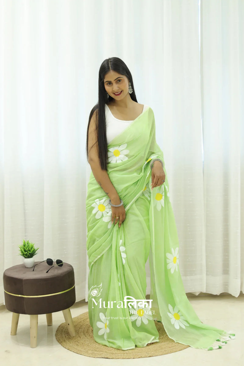 Daisy Dream Light Green Handpainted Mulmul Cotton Saree - Muralika the label