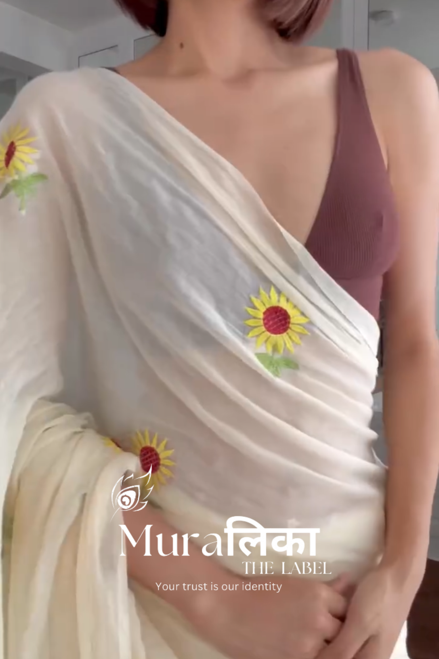 Sunflower Off white Embroireded Mulmul Cotton Saree (Dispatch after 1 week)