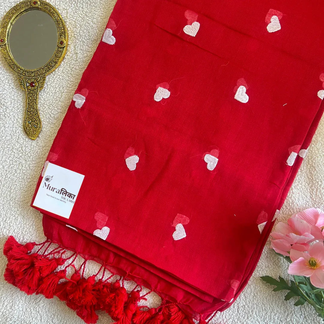 Ishq Red heart Embroidered Mulmul Cotton Saree - Muralika the label