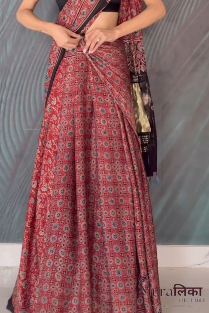 Ajrakh Hand block Printed Modal Silk Saree