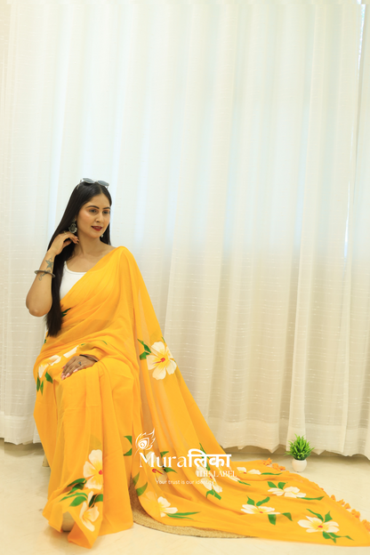 Gulmohar Yellow Handpainted Mulmul cotton Saree