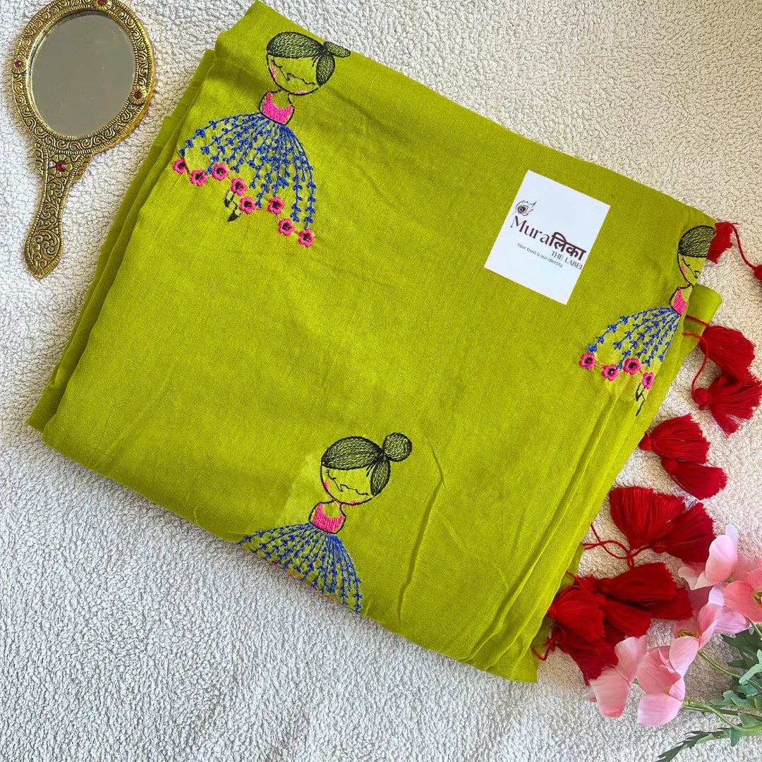 Doll Embroidered Mulmul Cotton Saree - Muralika the label