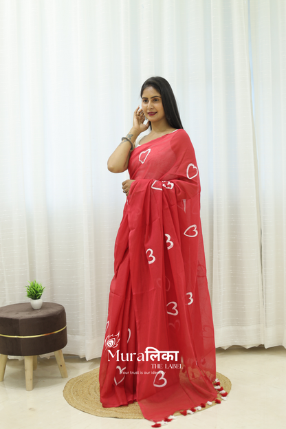 Red Heart Handpainted Mulmul Cotton Saree