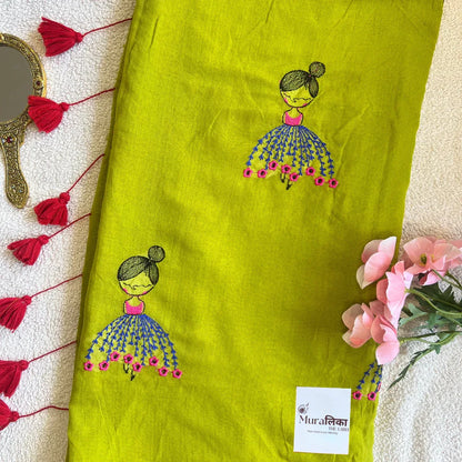 Doll Embroidered Mulmul Cotton Saree - Muralika the label
