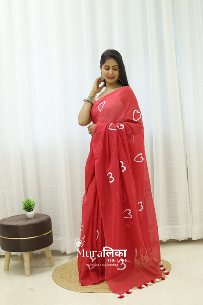 Red Heart Handpainted Mulmul Cotton Saree