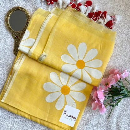 Yellow Daisy Handpainted Mulmul Cotton Saree - Muralika the label