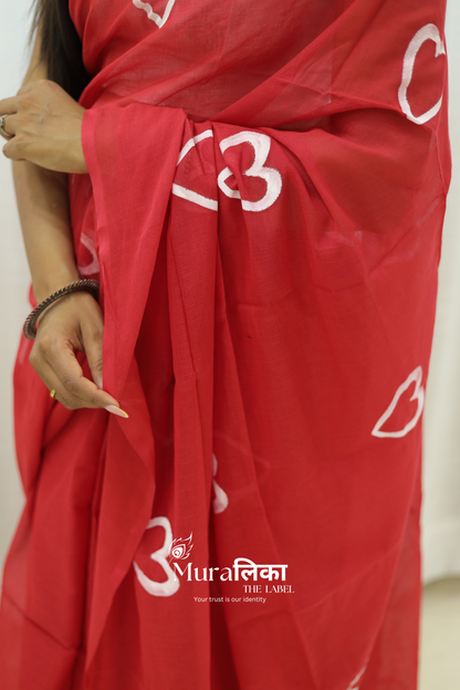 Red Heart Handpainted Mulmul Cotton Saree
