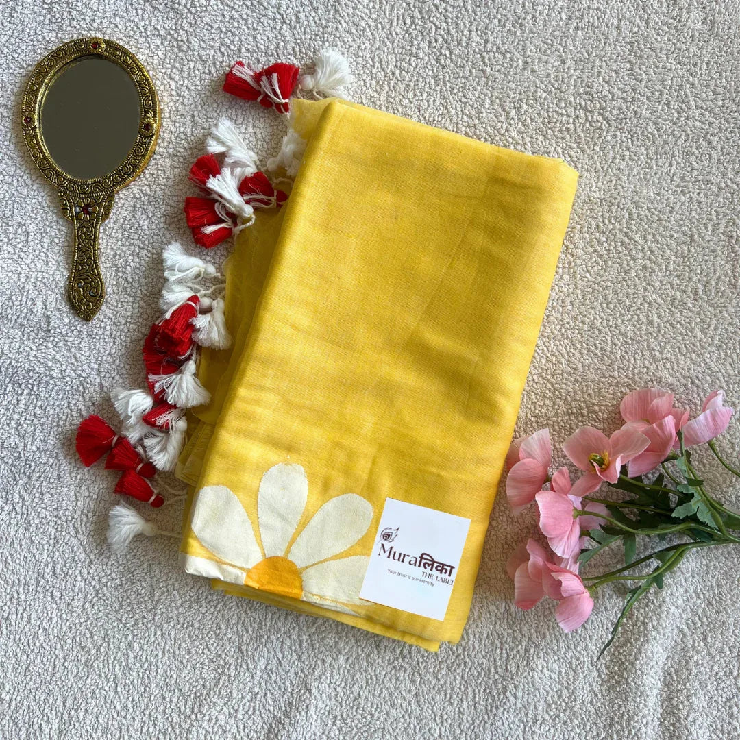 Yellow Daisy Handpainted Mulmul Cotton Saree - Muralika the label