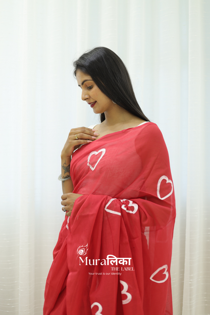 Red Heart Handpainted Mulmul Cotton Saree