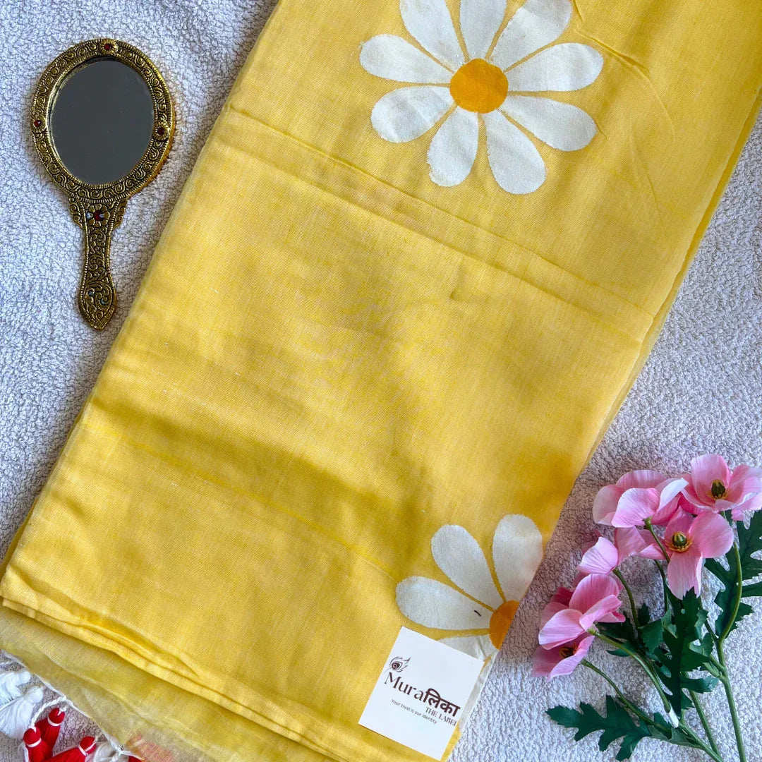 Yellow Daisy Handpainted Mulmul Cotton Saree - Muralika the label