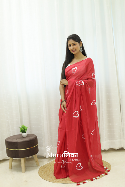 Red Heart Handpainted Mulmul Cotton Saree